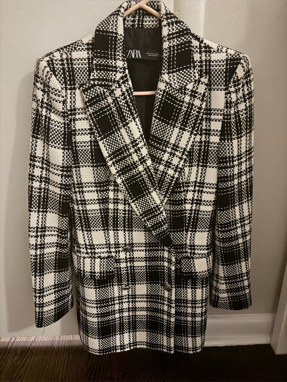ZARA Plaid Tweed Double Breasted Blazer w/ Padded Shoulders